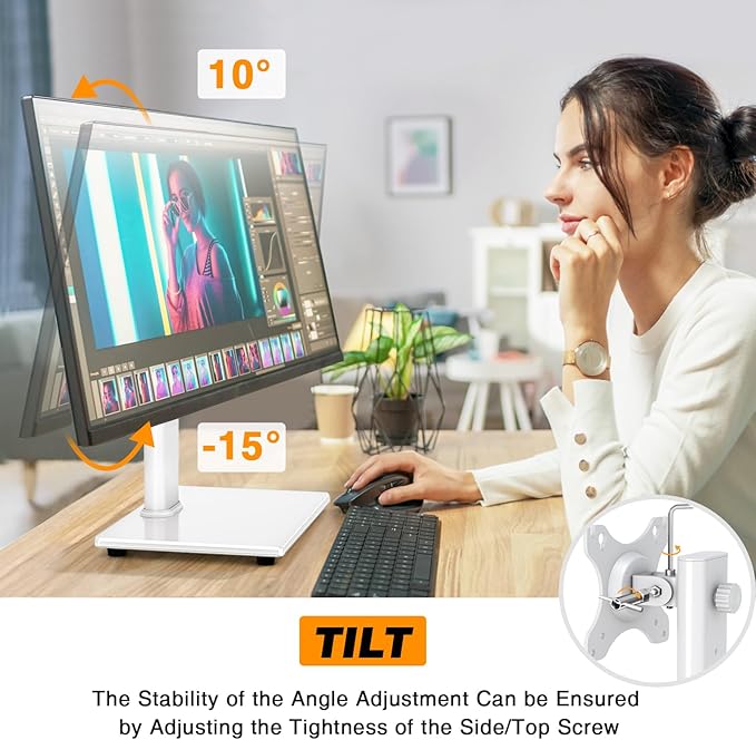 TAVR Furniture Single Monitor Stand VESA Mount for 13-32 Inch Screens | Free-Standing Monitor Riser with Swivel Tilt Rotation Height Adjustable, Universal Desk Stand up to 44lbs, White