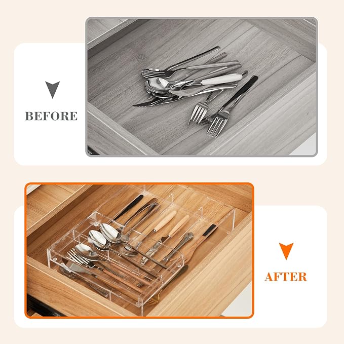 2 Layer Acrylic Deep Kitchen Utensil Drawer Organizer for Flatware Utensils | Clear Silverware Drawer Organizer with Removable Flatware Tray, Kitchen Utensil Tray for Cutlery, Chopsticks, Spoons, Forks