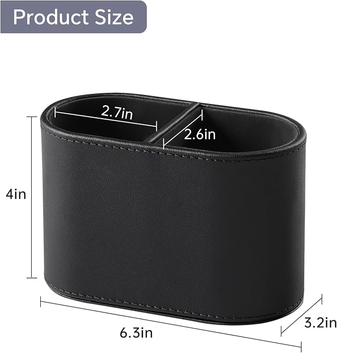 Pen Holder for Desk, Small Remote Control Holder, Black | 2-Compartment Oval Pencil Cup with Soft Velvet Lining, PU Leather Desktop Organizer Caddy for Home School Office Desk