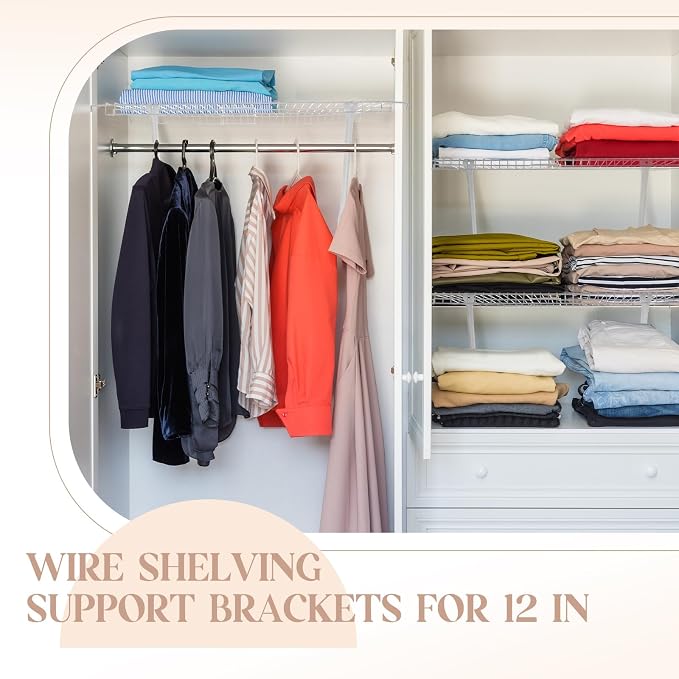 6 Pcs Support Brackets for 12in Wide Shelving Wire Wire Shelf Brackets Closet Rod Bracket Closet Support Bracket with Anchors and Pins for Installation Wires Shelving Supports Closets