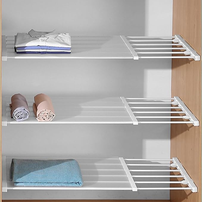 Adjustable Metal Storage Rack, Expandable Tension Shelf Rod, Stainless Steel, for Wardrobe, Cabinet, Bathroom, Kitchen (14.96-21.65in)