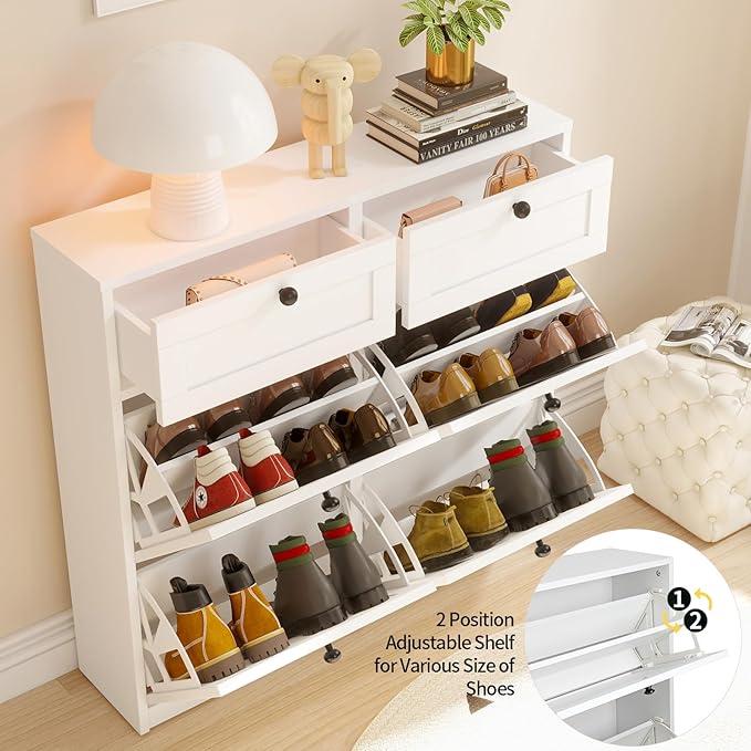 VOWNER Shoe Cabinet with 4 Flip Drawers & 2 Drawers, Freestanding Shoe Storage Cabinet with Adjustable Shelves, Shoe Organizer for Entryway, Hallway, Living Room (White)