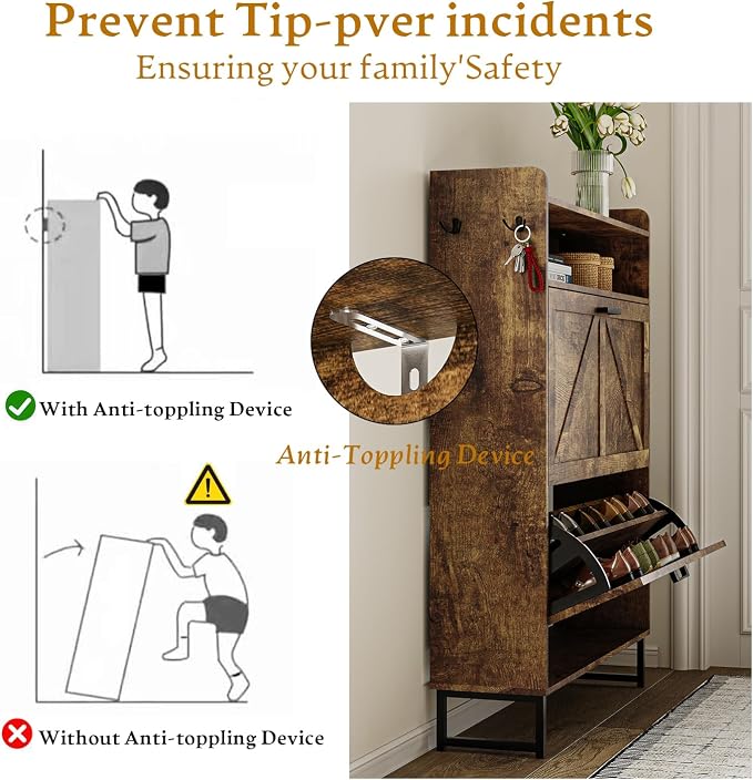 Wodeer Shoe Storage Cabinet with 2 Flip Drawers, Narrow Wood Shoe Cabinet Storage for Entryway with Metal Legs & Hooks, Adjustable Shelves, Freestanding Shoe Rack Organizer for Foyer, Hallway, Brown