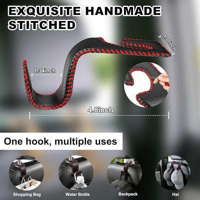 Car Seat Hooks for Purses and Bags, 2 Pack Car Purse Holder for Grocery Bag Handbag Clothes, Metal Headrest Hooks Covered by Leather, Black Red