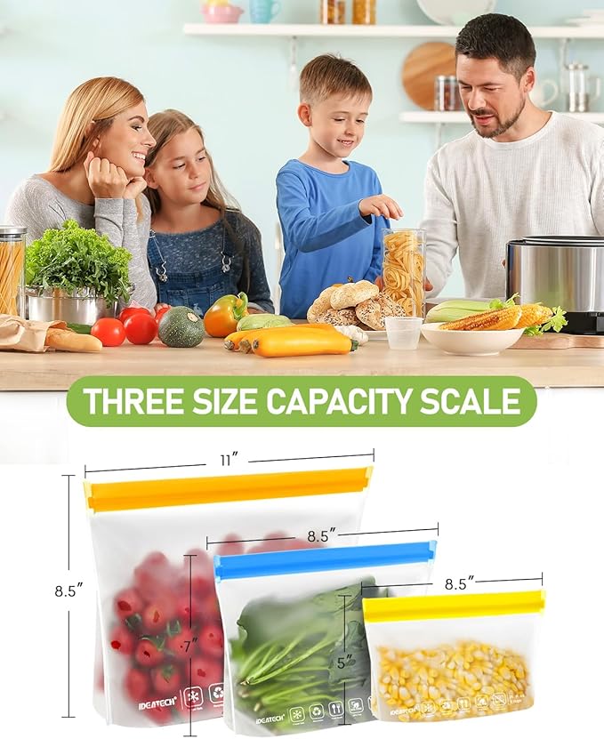 IDEATECH Reusable Freezer Bags Gallon Size, BPA Free Food Containers, Reusable Gallon Bags, Sandwich Bags, Reusable Baggies for Lunch, Travel Healthy Food (Grey, 8Pack-8Gallon)