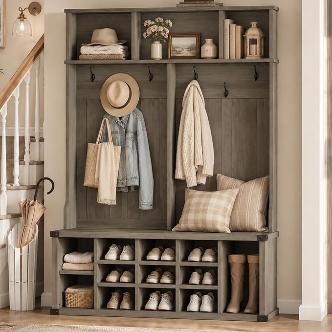Garvee Farmhouse Entryway Hall Tree with Bench, Shoe Storage & Coat Rack | Large 5-in-1 Mudroom Storage w/ 6 Tri-Hooks & Seating, 13 Cubbies & Adjustable Shelf, Metal Corner Protctor, Rustic Gray