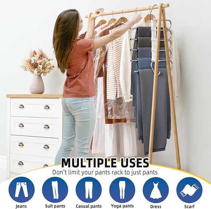 DAMITA Pants Hangers Space Saving - 4 Pack 5 in 1 Layers No Need Installation - Stainless Steel Metal Jeans Hangers - White Closet Organizers and Storage Anti-Slip Design for Pants Scarf Legging