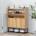 RARZOE Fluted Shoe Cabinet for Entryway with 2 Flip Drawers, Narrow Wood Shoe Cabinet with Fluted Panel, Slim Hidden Shoe Organizer Closed Shoe Rack with Metal Legs for Foyer,Hallway(31.5''Natural)