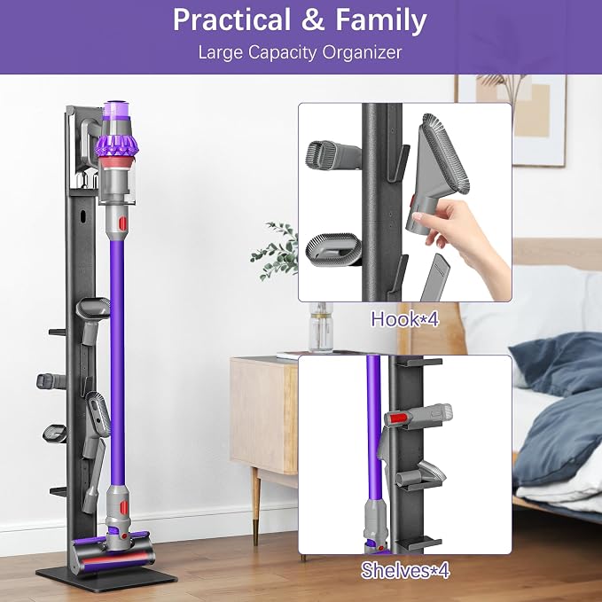 XIGOO Dyson Vacuum Stand with 4 Hooks 4 Shelves, Black | Compatible with V15 Detect V11 V10 V8 V7 V6 Cordless Vacuum Cleaners & Accessories, Stable Metal Bracket Organizer Rack