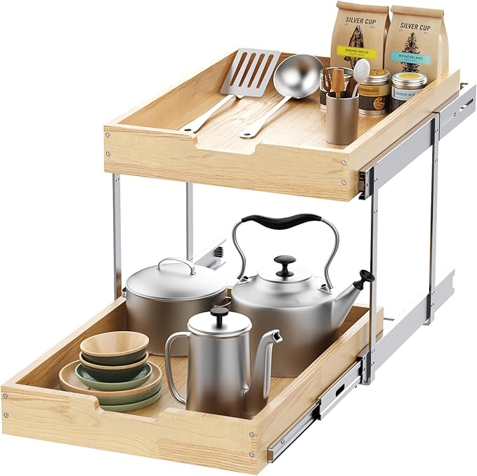 Sikarou Wood Pull Out Cabinet Organizer 2 Tie 26" W x 21" D, Heavy-Duty Sliding Drawers for Inside Cabinets Storage and Organization for Kitchen, Pantry, Bathroom