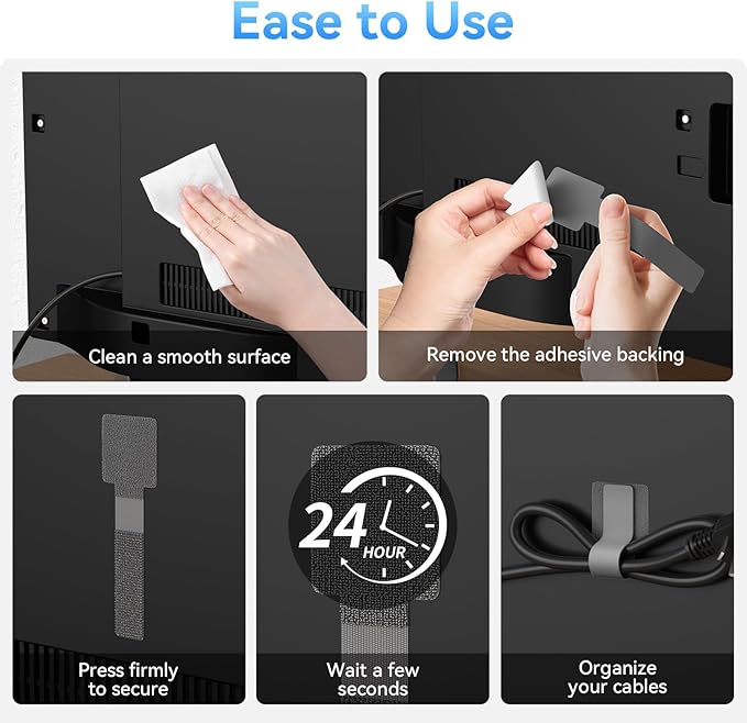 100Pcs per Pack，Hook and Loop Cable Ties, Self Adhesive Cable Straps, Reusable Adjustable Cord Organizer for Desk, Under Desk Cable Management, Home & Office Essentials, Black