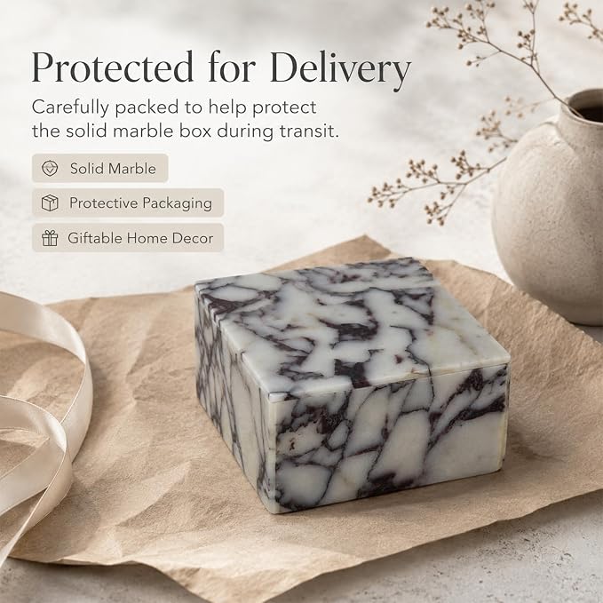 Natural Marble Square Jewelry Box with Lid, 5.91 in | A square natural marble box with lift-off lid for jewelry, cotton pads, and a cleaner dresser display.