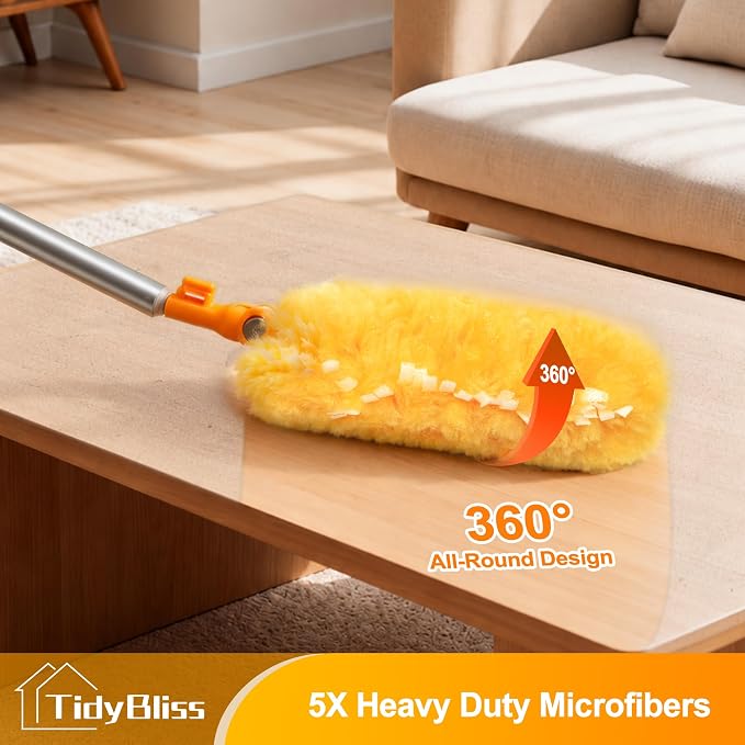 TidyBliss 6 ft Extendable Dusters for Cleaning Compatible with Swiffer, Super Long Handle Dusting Wand Kit with 10 Refills, 360 Degree Heavy Duty Microfibers Dust Removing Tool for Ceiling (Orange)