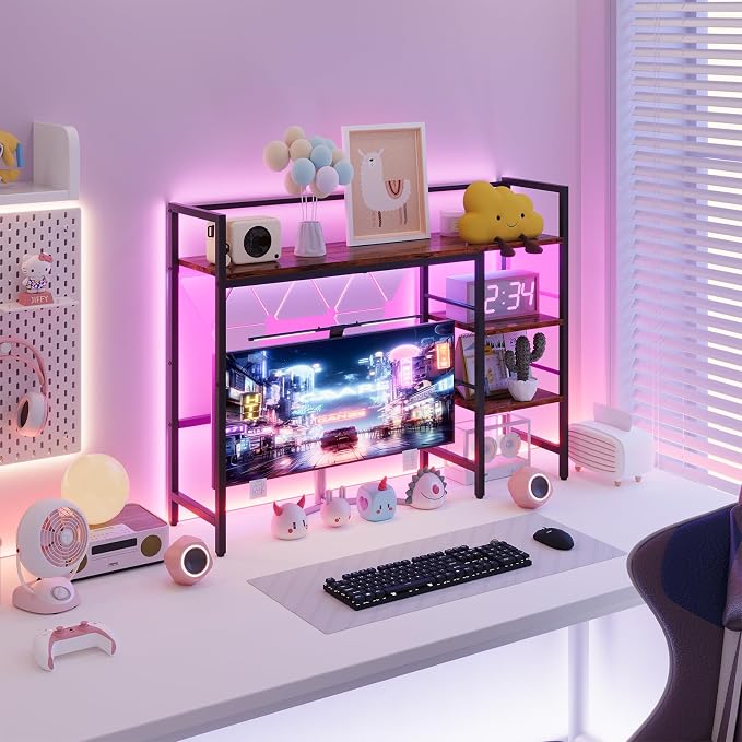 HavenlyYouth Desk Shelf with LED Light Strip, 3-Tier Storage Desktop Organizer Shelf, 38.6" Wood Desktop Bookshelf for Computer Monitor, Desk Hutch for Home Office Dorm, Rustic