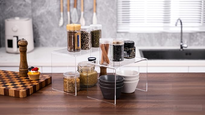 CLAY TONIC 2-PC Large Clear 5MM Thick Acrylic Display Risers, 9x6x6 Inch | Kitchen Organizer and Storage,Display Food, Pantry Cabinet Shelf, Retail Display