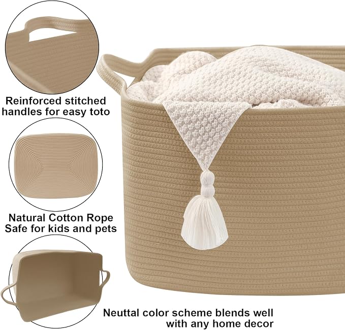 96L Extra Large Cotton Rope Laundry Basket with Sturdy Handles | 24x16x15 Foldable Rectangular Blanket Basket for Toys, Clothes & Pillows,Ideal for Nursery, Bathroom, Bedroom, Living Room