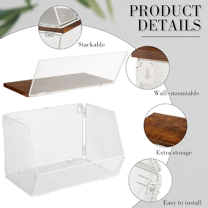 Teenyyou 2 Pcs Stackable Mesh Fruit Basket with Lid Wall Produce Vegetable Storage Basket Onion Potato Hanging Metal Wire Container for Kitchen Counter Pantry(Non-removable,White,8.3" w & 13.8" l)