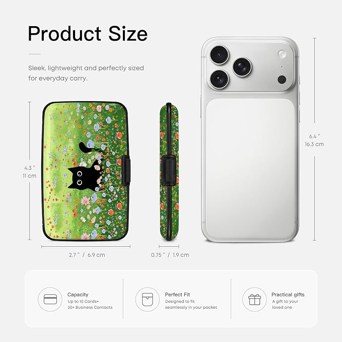 Credit Card Holder RFID Aluminum card case Flowers Cat 2 mini Wallet Women | ABS Business ID Case,Hard Case Large Capacity 6 Slots, Waterproof Durable ，Secure Closure Slim Small Credit Card Protector