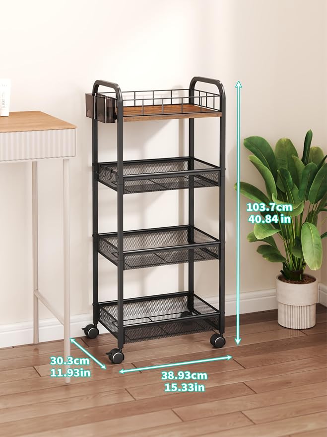 HapiRm 4 Tier Rolling Cart - Metal Utility Cart with Locking Wheels | Rolling Storage Cart Organizer with 2 Hanging Cup, 4 Hooks, Mesh Basket, Space-saver for Kitchen, Craft Art, Office, Bathroom