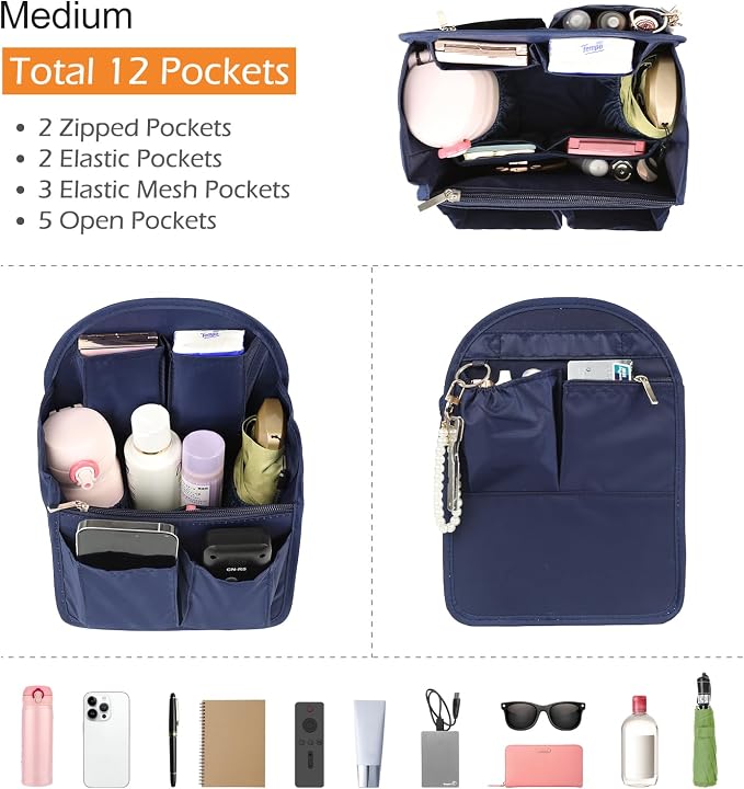 Surblue Backpack Organizer Insert Liner Hanging Travel Rucksack Purse and Handbag Insert Pocket, High-capacity Divider Foldable Nylon Shoulder Bag Organizer for Men and Women, (Navy, M)