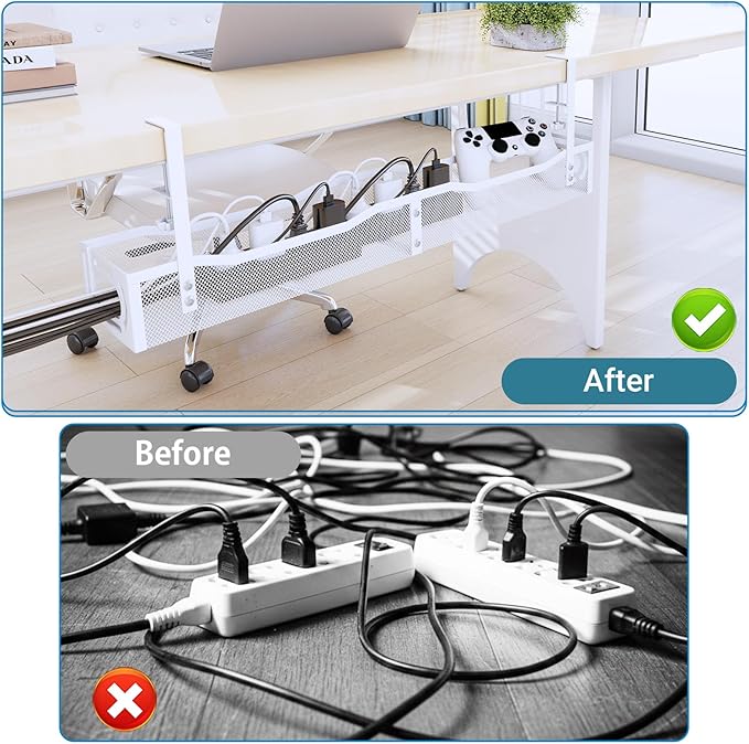 No Drill Under Desk Cable Management Tray, SONATURE 25.3" Cord Organizer for Table, Clamp Mount Desk Cable Management, Premium Carbon Steel Cable Organizer for Office, Home (White)