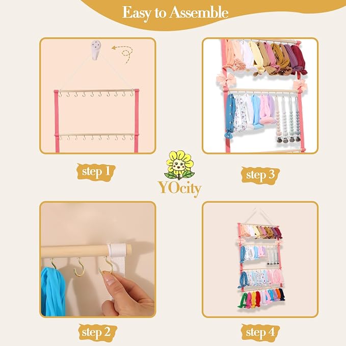 YOcity Baby Headband Organizer for Girl Bow Holder Hair Bows Clip Hair Bow Organizer Baby Headband Holder Hair Accessories Storage Wall Hanging Decor (Pink)