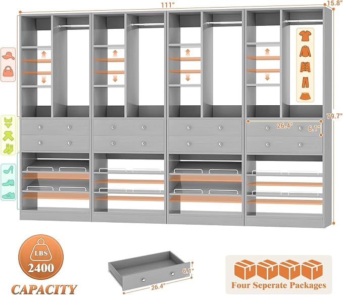 Besiost Closet System, 112"/9.3 FT Closet Organizer System with 8 Drawers and Shelves, Fit 120"/10FT Walk-in Closets Systems, Free Standing Reach in Closet Tower, Load 2400+LBS, Morandi Grey 4 Pack