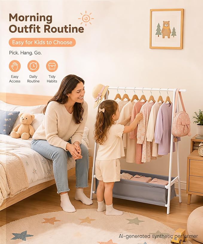 Homde Sturdy Kids Clothes Rack: 66 lb Capacity for Growing Wardrobe Needs | Hanging Rod Holds Clothes, Basket Stores Items Below - Helps Kids Build Tidy Habits - Angled Bamboo Side Frames Add Stability