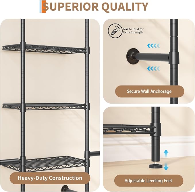 Garvee L3 Wall Mounted Pipe Closet System, Matte Black | Carbon Steel, Expandable Rods 23.62-35.43 in, 6 Wire Shelves, Closet Storage