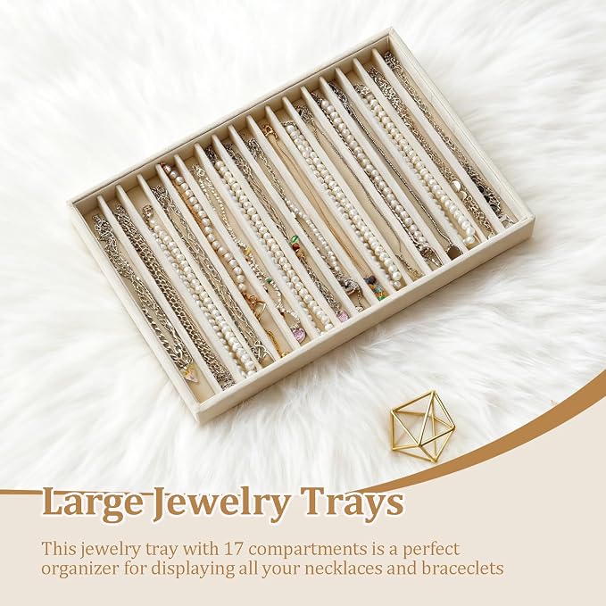 Large Jewelry Organizer for Drawer Insert Velvet Stackable Jewelry Trays for Earring Necklace Bracelet Ring Display (Beige, 16 Grids)