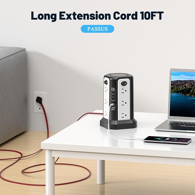 PASSUS PD65W USB C Fast Desktop Power Strip Surge Protector | Desktop Charging Station, 12 AC Outlets|4 USB C|1 USB A, 10FT Extension Cord with Overload Protection for Home Office Dorm