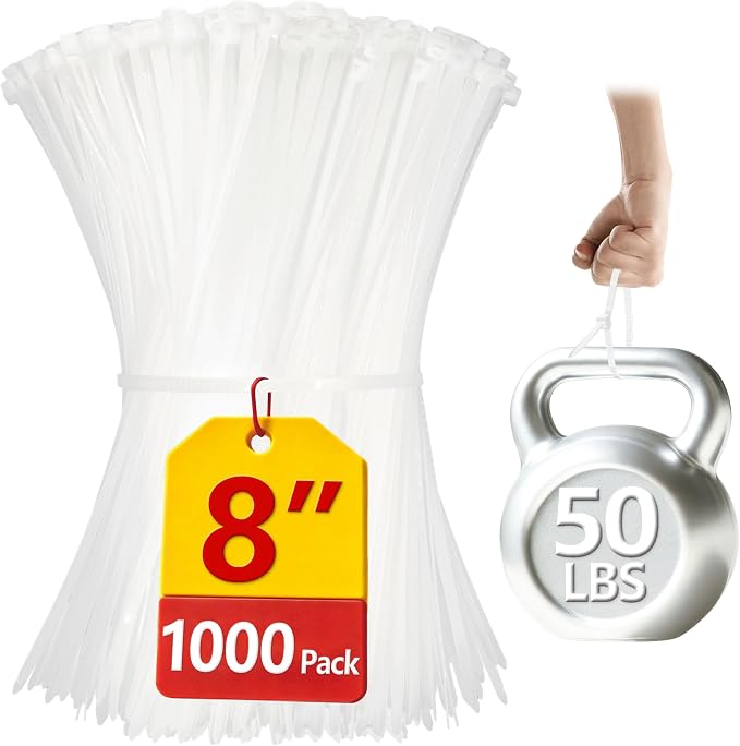 Clear Zip Ties Heavy Duty 8 Inch(1000 pcs), 50lb, White Cable Ties, Zipties | Heavy Duty, 1000 pcs, 50lb