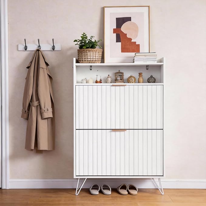 Karl home White Slim Shoe Storage Cabinet, Entryway Shoe Organizer | Space-Saving Freestanding Shoe Rack Organizer, Versatile Storage Furniture Suitable for Entryway and Living Room