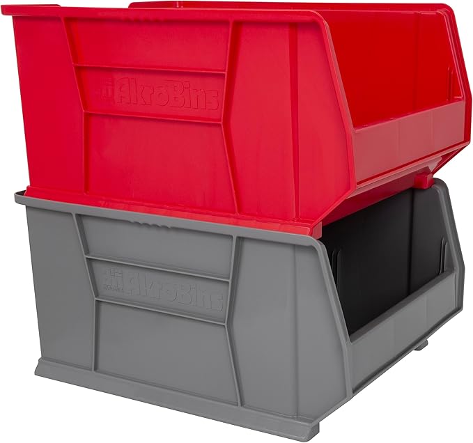 Akro-Mils 30289 Super-Size AkroBins Plastic Storage Bins, Space-Saving Stackable Bins for Garage, Classroom, Warehouse Organization, 24" L x 18" W x 12" H, Red, 1-Pack