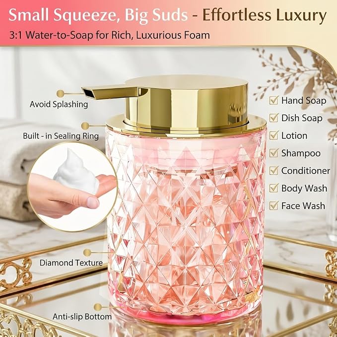 Glass Bathroom Accessories Set 5Pcs Crystal - Foaming Soap Dispenser, Soap Dish, Cup, Acrylic Toothbrush Holder with Tray Organizer, Qtip Jar, Bathroom Counter Set Sink Decor (Pink)
