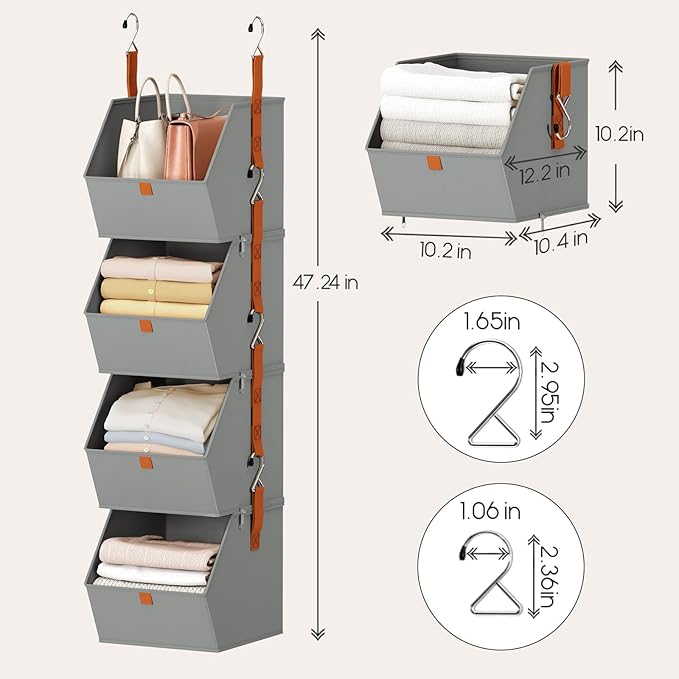 Homsorout Hanging Closet Organizer 4 Tier - Clothes Hanging Shelves, Space-Saving Closet System, Fabric Storage Bins Bedroom Organization, Collapsible Baskets for Home, Dorm, Rv, Grey