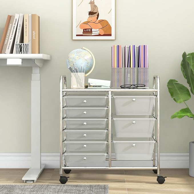 Moccha 9-Drawer Rolling Storage Cart - Under Desk Storage Drawers with wheels for Craft Art Supply Paper Salon, Scrapbook Paper Tools, Mobile Utility Cart for Classroom, Clear