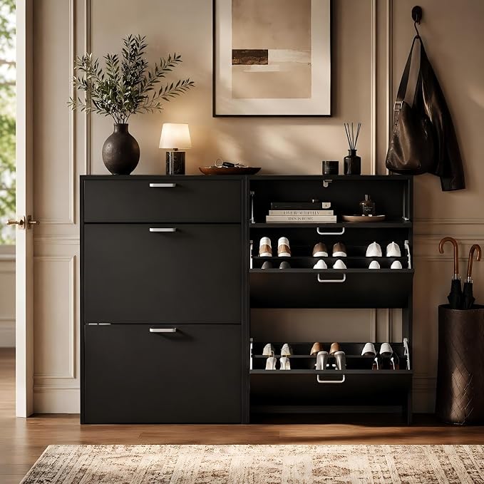 VINGLI Set of 2 Black Shoe Cabinet Storage for Entryway, 2-Pack Ultra Slim Shoe Organizer with 2 Flip & 1 Drop-Down Drawers, 24.8" W Narrow Shoe Cabinet, Modern Black Wood Shoes Rack for Hallway