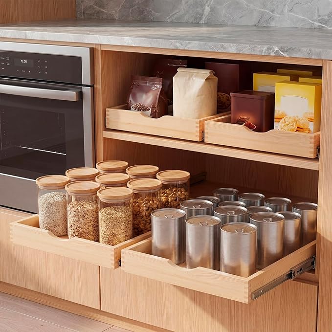 Sintuff 4 Pack Wooden Pull out Tray Cabinet Organizer Gentle Close Roll out Shelves for Kitchen Cabinets Fully Assembled Slide Pantry Shelves (18'' X 21'')