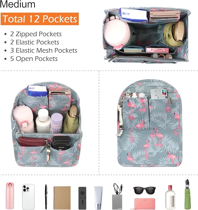 Surblue Backpack Organizer Insert Liner Hanging Travel Rucksack Purse and Handbag Insert Pocket, High-capacity Divider Foldable Nylon Shoulder Bag Organizer for Men and Women, (Flamingo, M)