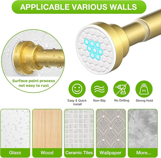 2 Pack Tension Curtain Rod 46-76Inch Curtain Rods for Windows Gold Spring Curtain Rod no Drilling Adjustable Expandable Tension Rods for Windows,Doorway,Closet,Bedroom