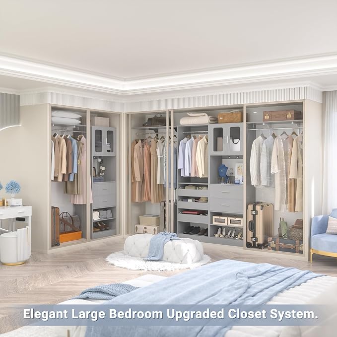 6.7FT-10FT Closet System Set with Half-Open Drawers, 80.5''-120" Wooden Modular Wardrobe Set with Shelving Towers, 80'' Height Closet Organizer with Hanging Rods and 2 Big Wing Shelves, Grey