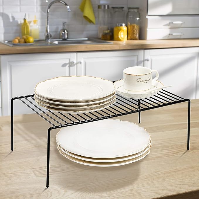 Kitchen Cabinet Shelf Organizer Set of 3, Large (15.7 x 9.4 inch) Metal Wire Pantry Storage Shelves, Dish Plate Racks for Cabinets, Freezer, Counter, Cupboard Organizers and Storage, Black