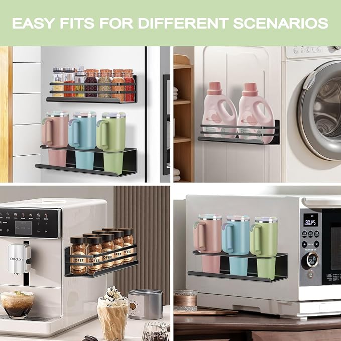 Magnetic Cup Holder for Fridge, Heavy-Duty 2 Packs magnetic water bottle holder for Stanley 30/40 oz Tumbler, Magnetic Spice Organizer Racks - Refrigerator Seasoning Organization Shelves for Kitchen