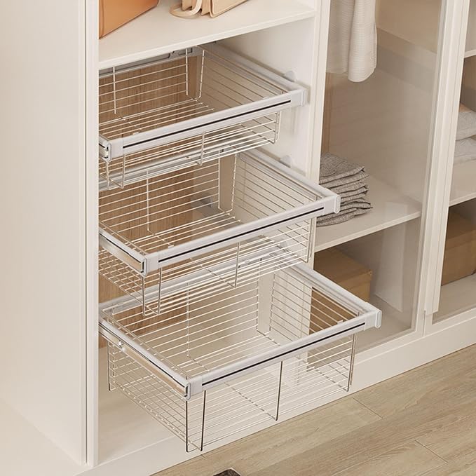 Expandable Cabinet Pull Out Basket,Stackable Shelf Baskets Organizer,Aluminum Alloy Stackable Storage Bins,for Office Bathroom Bedroom,Silver-28.34-30.31in