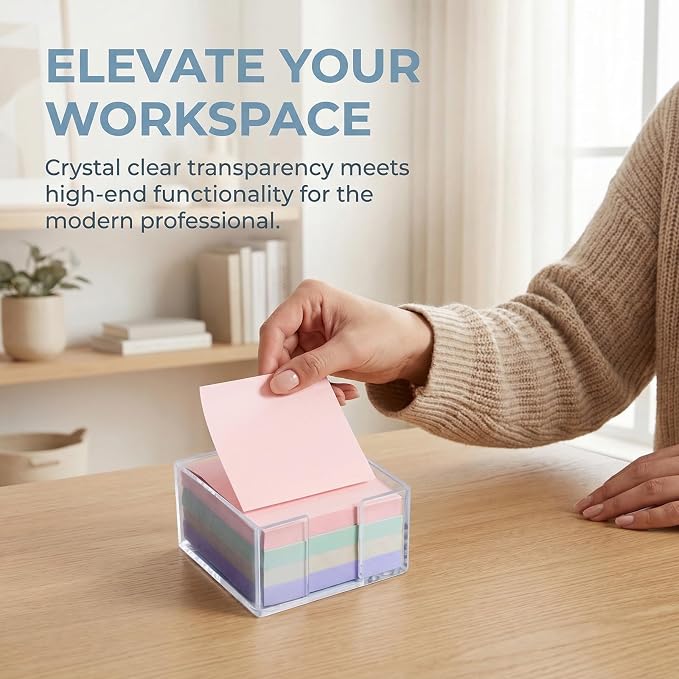 Acrylic Sticky Note Holder, 3x3 Crystal Clear Notepad Holder | with Anti-Slip Base Sticky Note Dispenser for School Dorm Home and Office Organizer