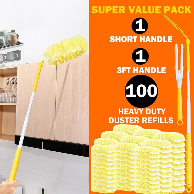100 Count Heavy Duty Duster Refills for Swiffer Duster, 3 ft Extendable Handle + 1 Short Handle, Multisurface 360 Dusters kit for Dusting Furniture, Ceiling Fans, Blinds, Corners, Yellow