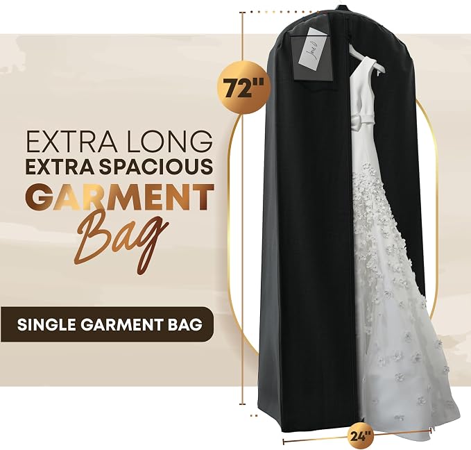 Your Bags Wedding Dress Garment Bag - 72" Garment Bags for Hanging Clothes with 20" Gusset for Puffy Gowns - Durable Dress Cover for Travel or Storage - Rip-Resistant with ID Window - Black