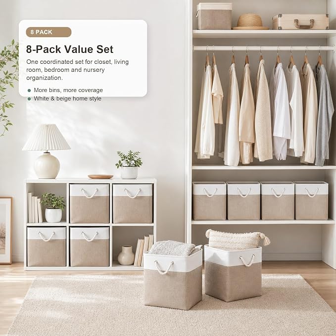 11x11 Inch Cube Storage Bins, 8 Pack Collapsible Fabric Storage Cubes with Rope Handles, Waterproof Foldable Storage Baskets for Cube Shelves, Closet, Clothes, Toys, Books, White & Beige