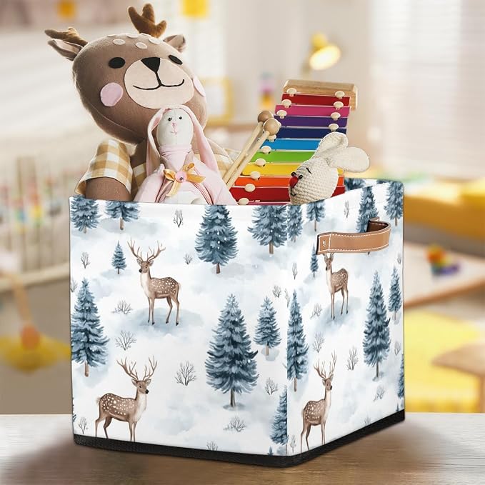 TropicalLife Forest Deer Storage Cube, 13 Inch Fabric Cube Storage Organizer Bin for Shelves Clothes, Decorative Foldable Storage Boxes